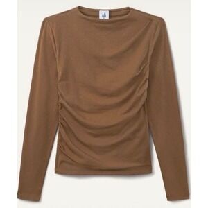 Cabi uptown 5015 Ruched Front Long Sleeve Top Camel Brown Boat Neck Small